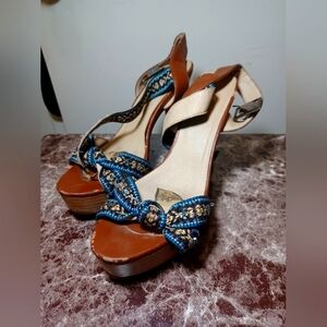 Olivia Miller Womens Platform Wood Heel Strappy Sandal Boho Beaded Sz 8.